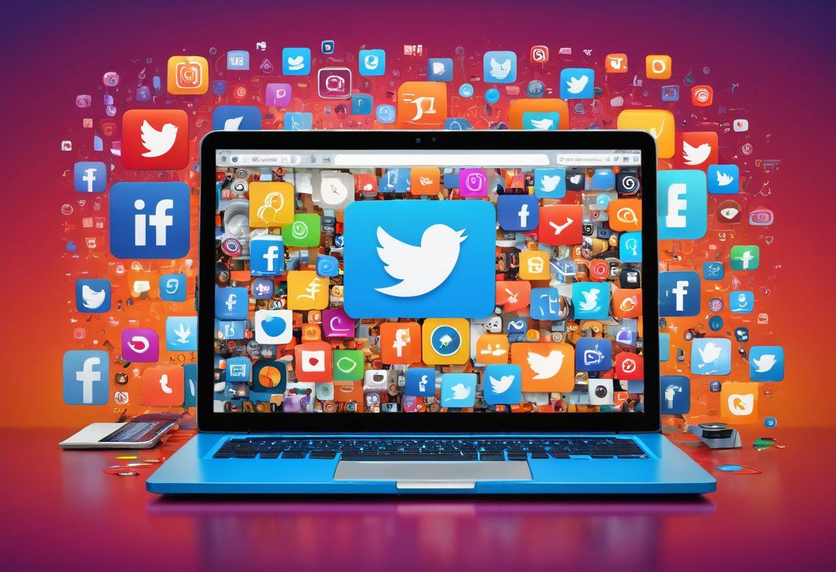 A dynamic collage featuring a laptop displaying a vibrant blog interface, surrounded by social media icons (like Twitter, Facebook, and Instagram) and SEO-related visuals (graphs, keywords, and search bars). The background should depict a digital landscape, symbolizing the blogosphere, with bright colors and an engaging atmosphere. The scene conveys a sense of growth and connection in the online space. super-realistic. vibrant colors. 3D.