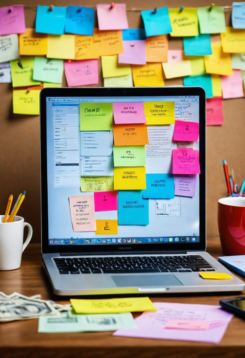 A creative workspace featuring a laptop displaying a blog interface, surrounded by colorful sticky notes with money signs, brainstorming ideas on monetization. A notepad with strategies and a cup of coffee beside it, symbolizing productivity and innovation. Warm, inviting colors to evoke a sense of inspiration and success. super-realistic. vibrant colors. soft focus.
