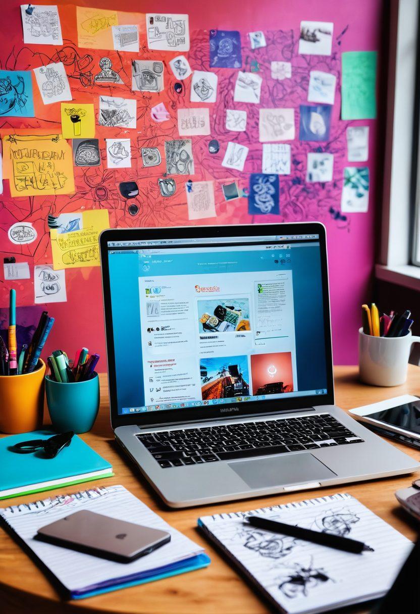 A modern workspace featuring a laptop open to a vibrant blog page, surrounded by colorful notepads, a steaming coffee cup, and a digital tablet showcasing social media icons. Include elements of creativity like doodles and mind maps in the background. The atmosphere should be inspiring and dynamic, capturing the essence of digital storytelling. super-realistic. vibrant colors. cozy ambiance.